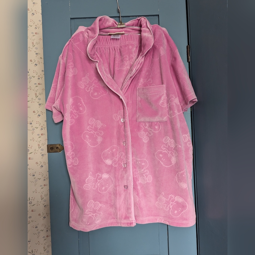 Munki Munki Pajama Set L Peanuts Snoopy Pink Button-Up Stretch Waist Loungewear